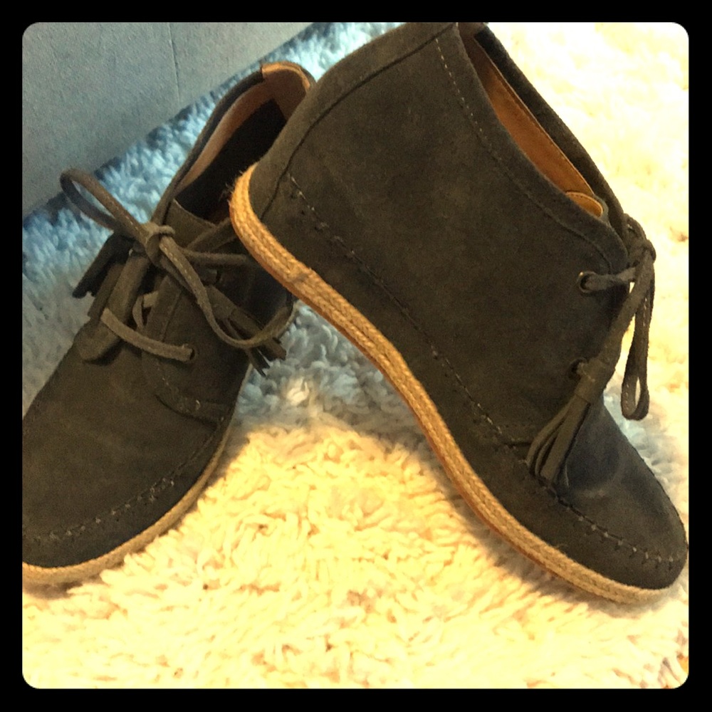 Grey Suede Wedge Booties With Tassel.